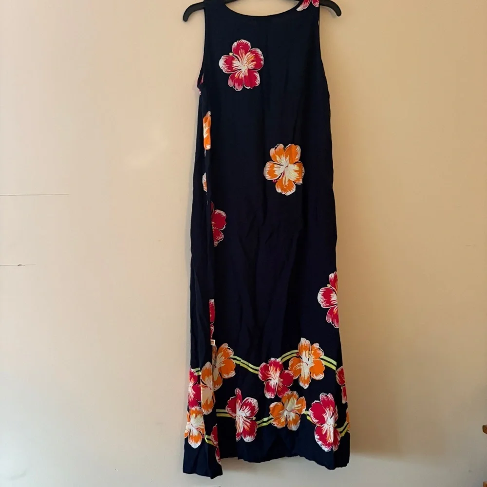 Navy Floral Hawaiian Sleeveless Maxi Dress Large Tropical Resort Beach - Picture 2 of 4